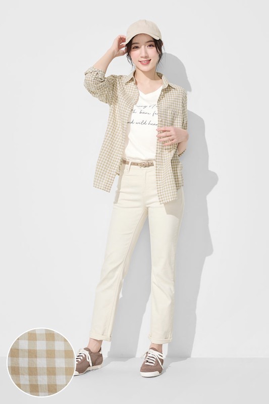 輕薄格紋長袖襯衫-女