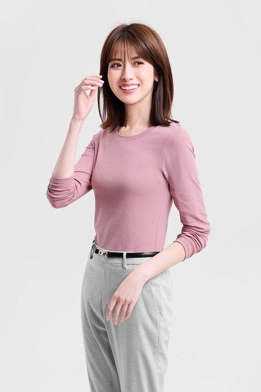棉質羅紋圓領長袖T恤-女