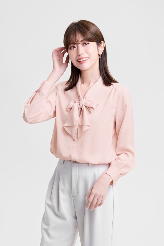 緞面領結長袖襯衫-女