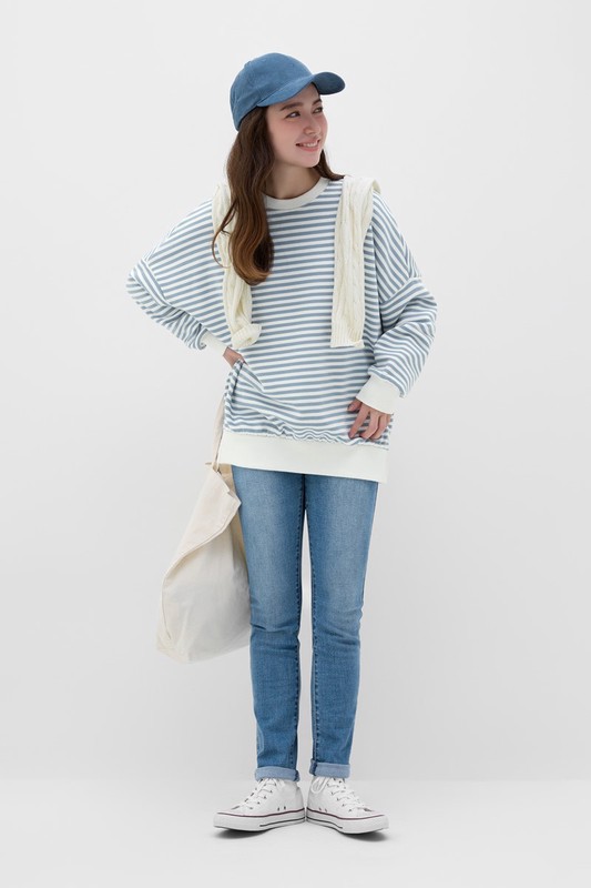 刷毛寬長版條紋圓領衫-女