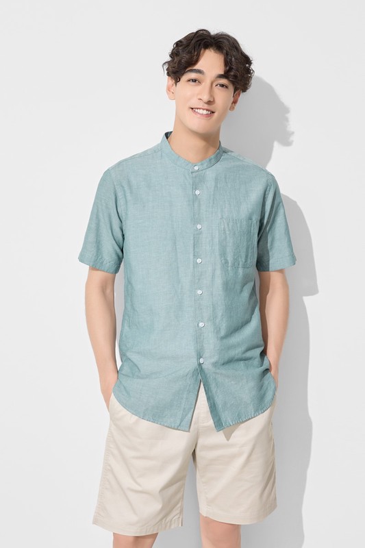 棉麻立領短袖襯衫-男