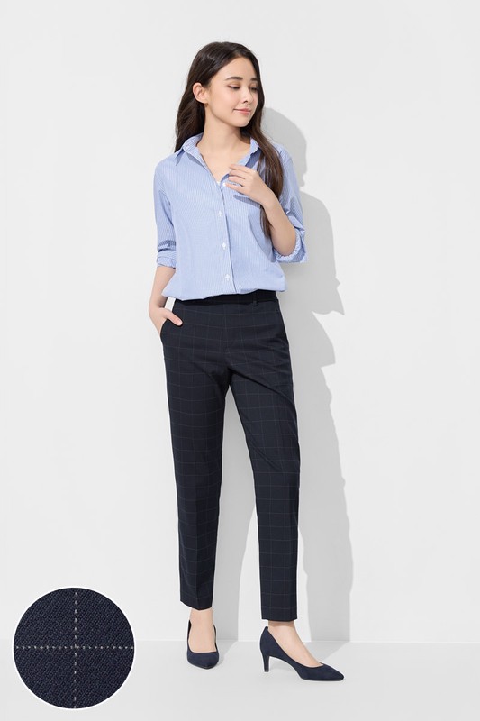 鬆緊腰頭格紋九分褲-女