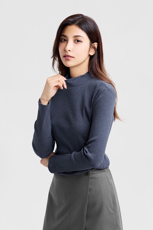 羅紋立領長袖T恤-女