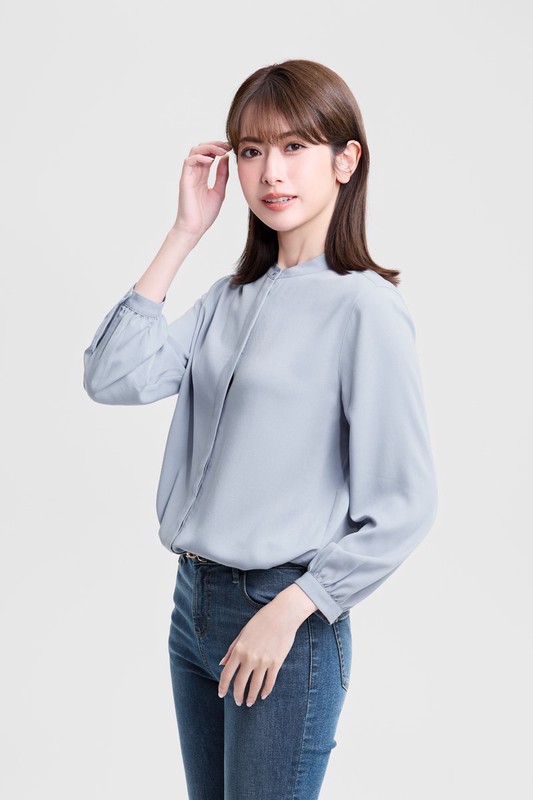 嫘縈立領長袖襯衫-女