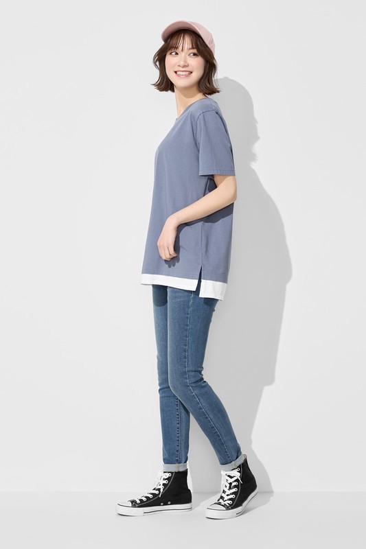 純棉寬版假兩件T恤-女