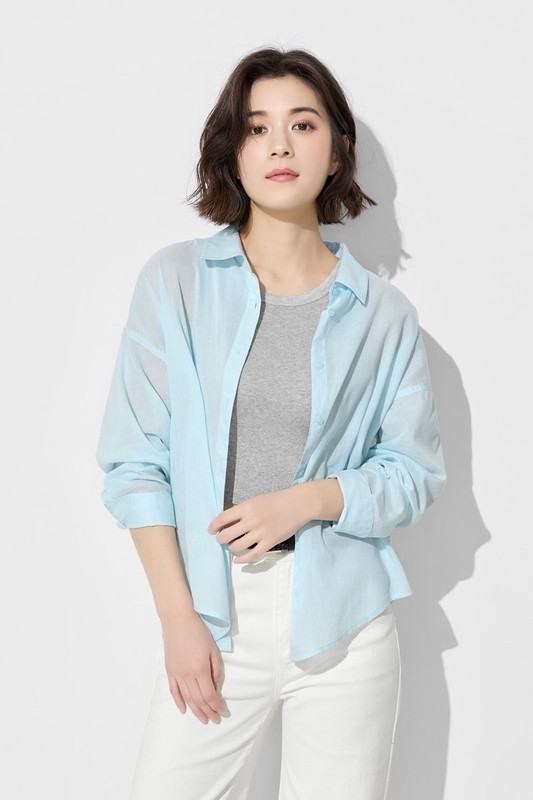 棉質透膚長袖襯衫-女