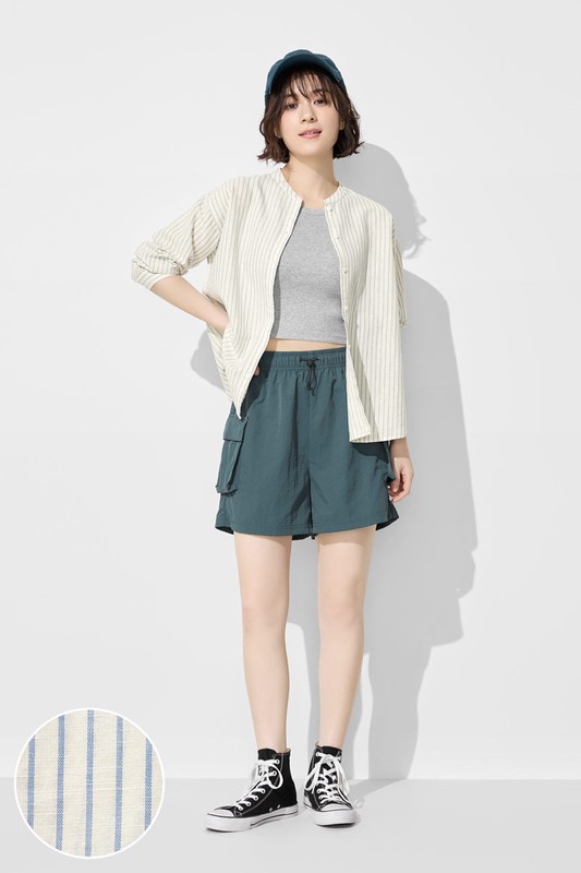 棉麻條紋七分袖襯衫-女