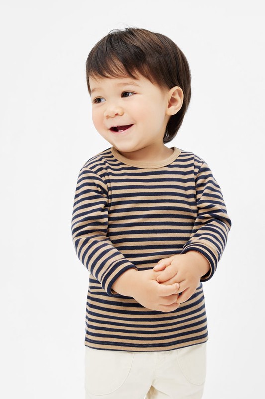磨毛羅紋條紋圓領T恤-Baby