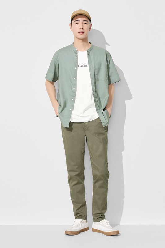 柔棉立領短袖襯衫-男