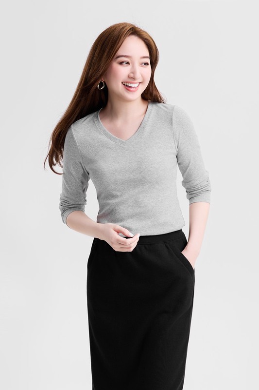 棉質羅紋V領長袖T恤-女