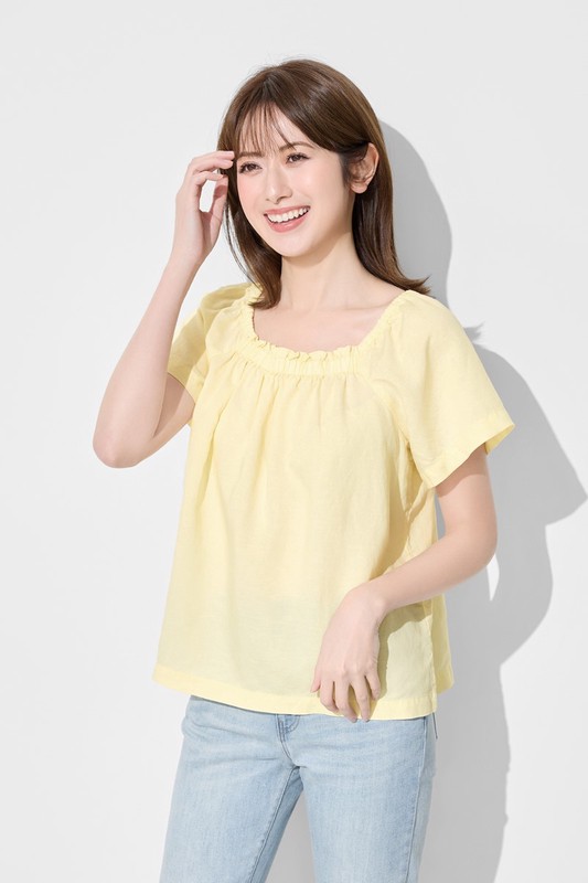 亞麻混紡方領寬版上衣-女