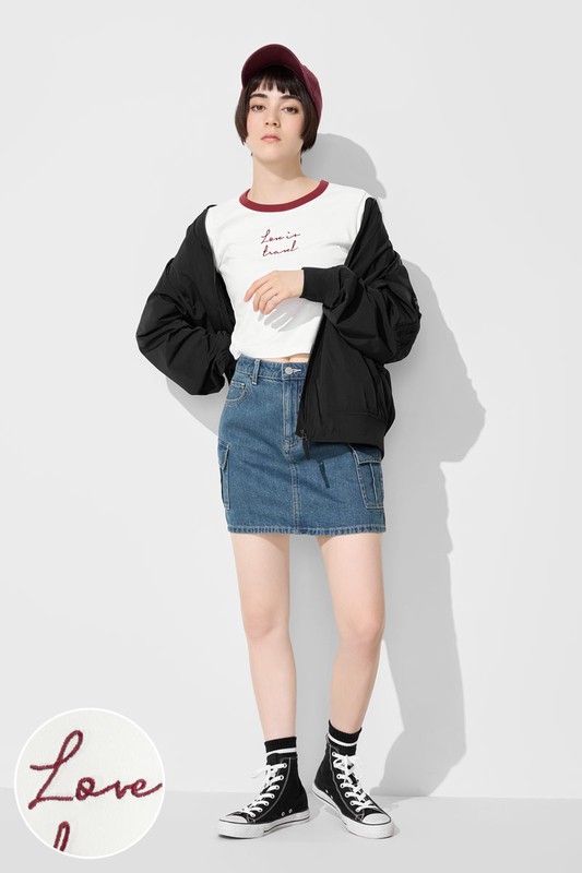 純棉羅紋配色文字電繡T恤-女