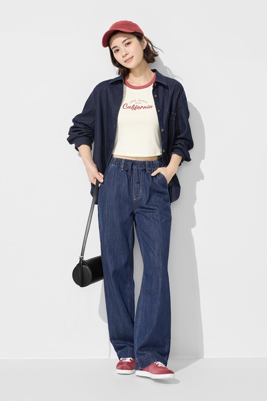 鬆緊直筒落地牛仔褲-女