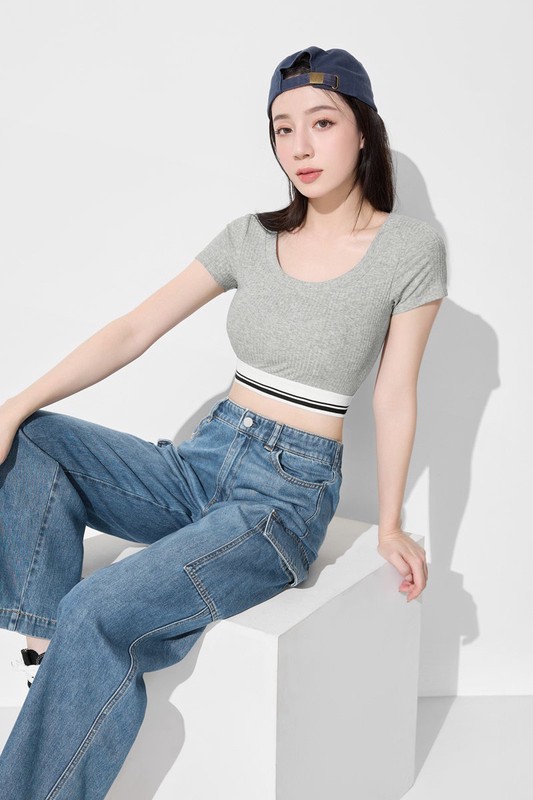 可拆式Bra莫代爾短版羅紋T恤-女