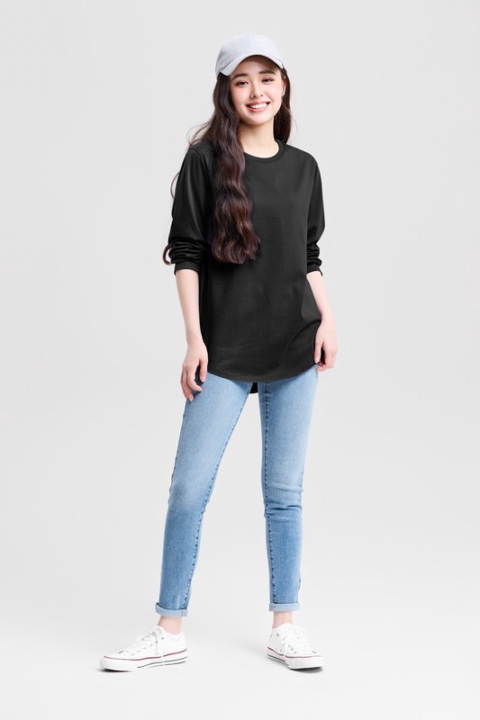 絲光棉寬鬆圓領長版T恤-女