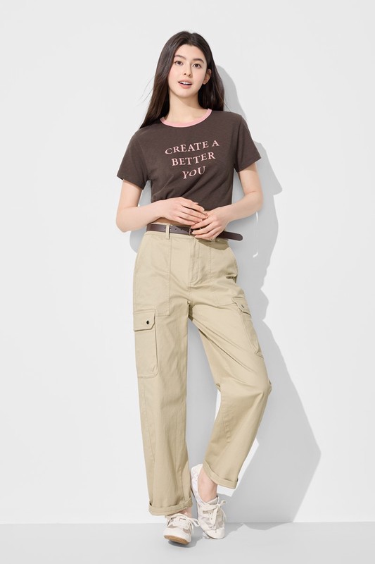 竹節棉配色文字T恤-女