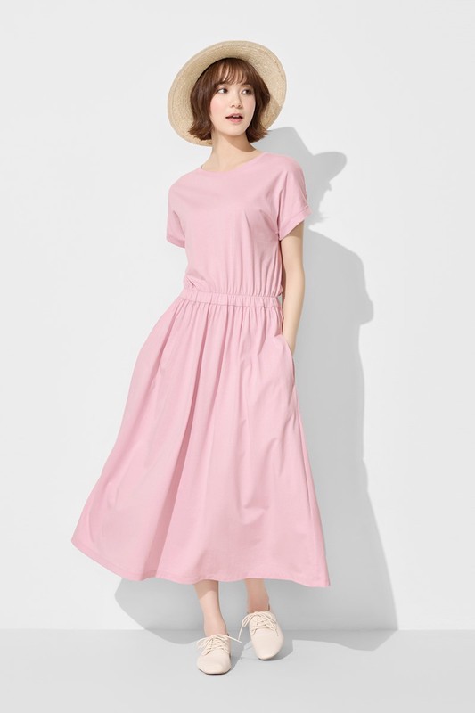 柔滑棉連袖收腰長洋裝-女