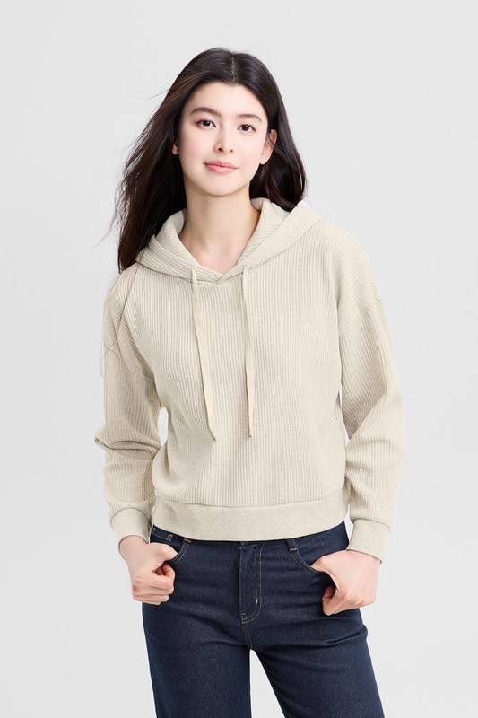 華夫格寬短版連帽上衣-女