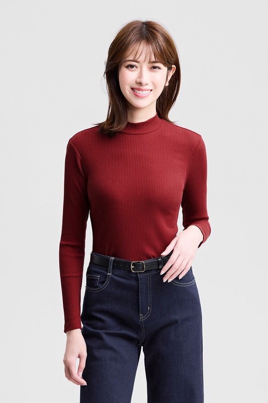羅紋立領長袖T恤-女