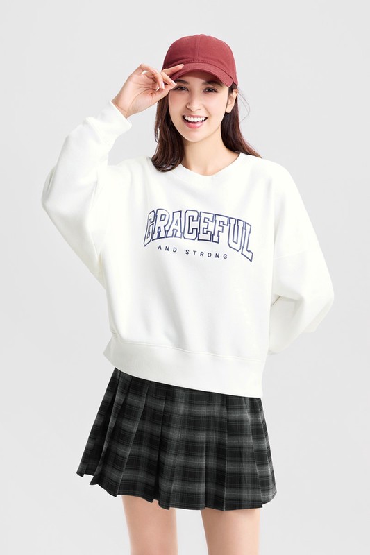 刷毛寬短版印花圓領衫-女