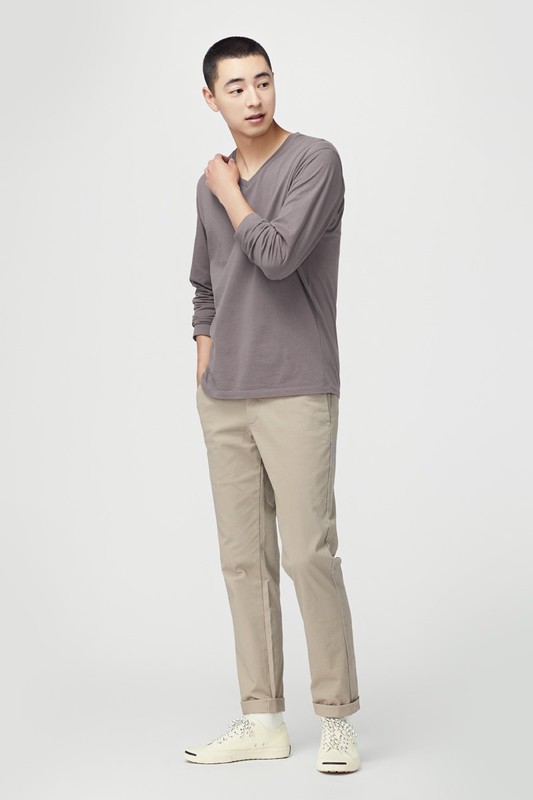 純棉V領長袖T恤-男