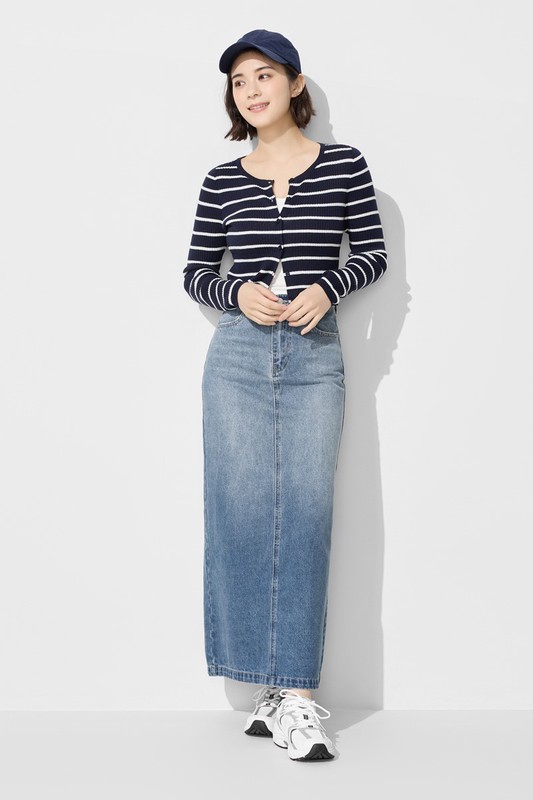 透膚圓領條紋短版針織外套-女