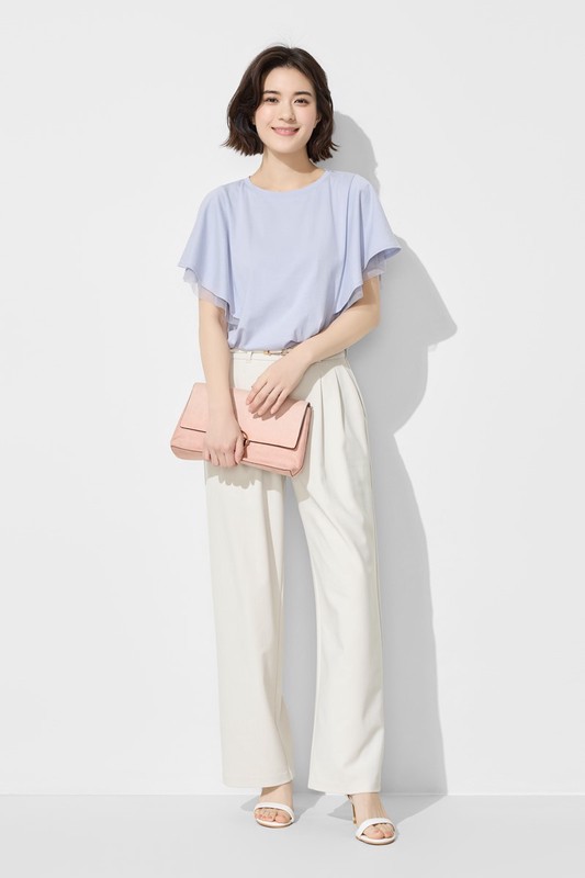 柔滑棉網紗荷葉袖上衣-女