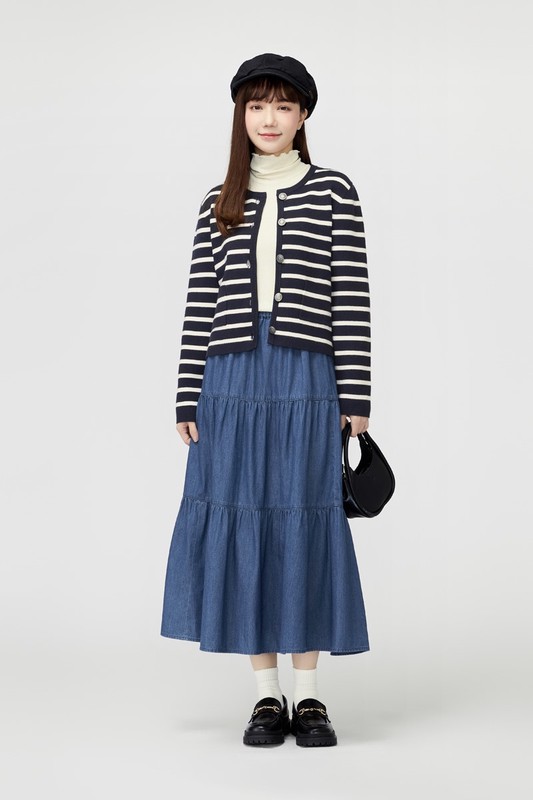 條紋寬版圓領針織外套-女