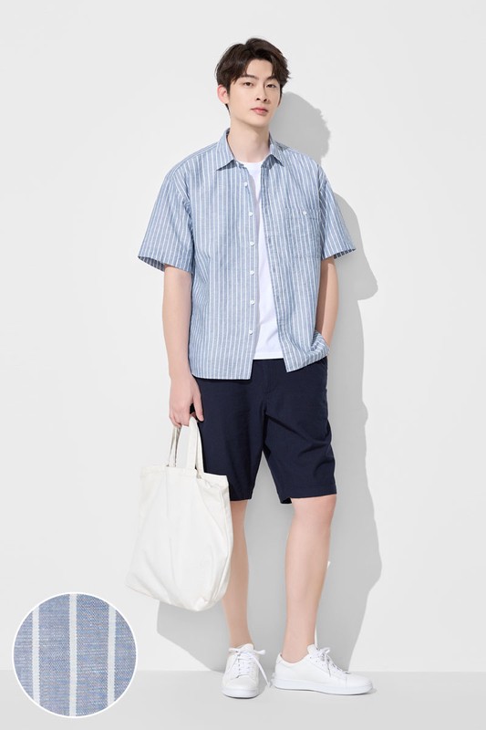 棉麻寬版條紋短袖襯衫-男