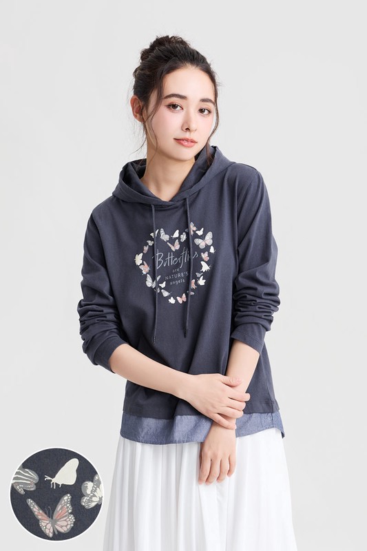 假兩件印花連帽T恤-女