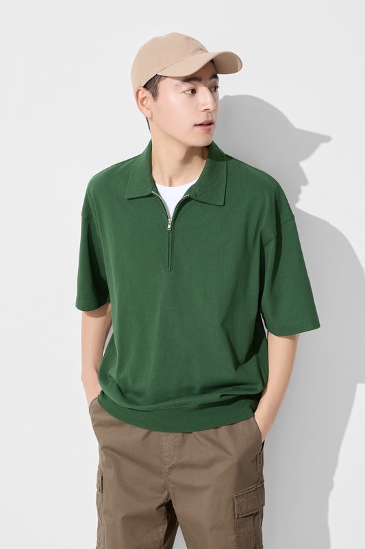 粗紡半開襟五分袖寬版上衣-男