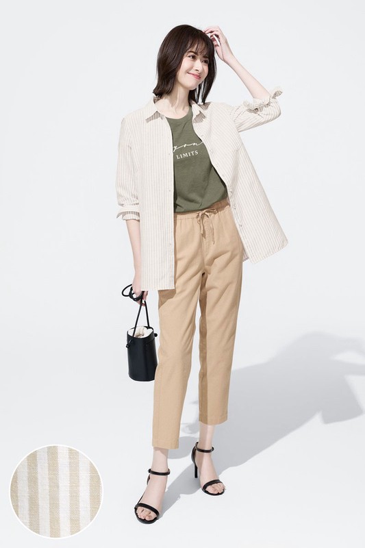 棉麻條紋長版襯衫-女