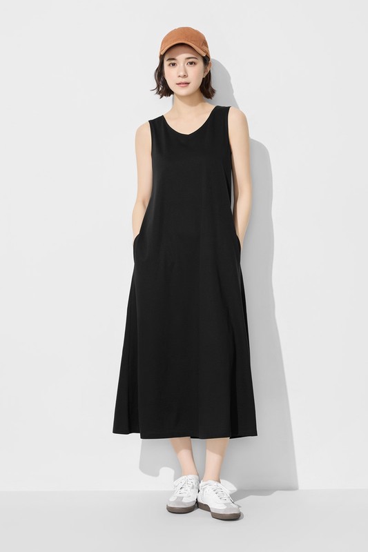 絲光棉寬鬆V領長洋裝-女