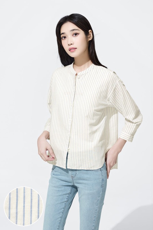 棉麻條紋七分袖襯衫-女