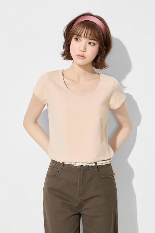 彈力大圓領短版T恤-女