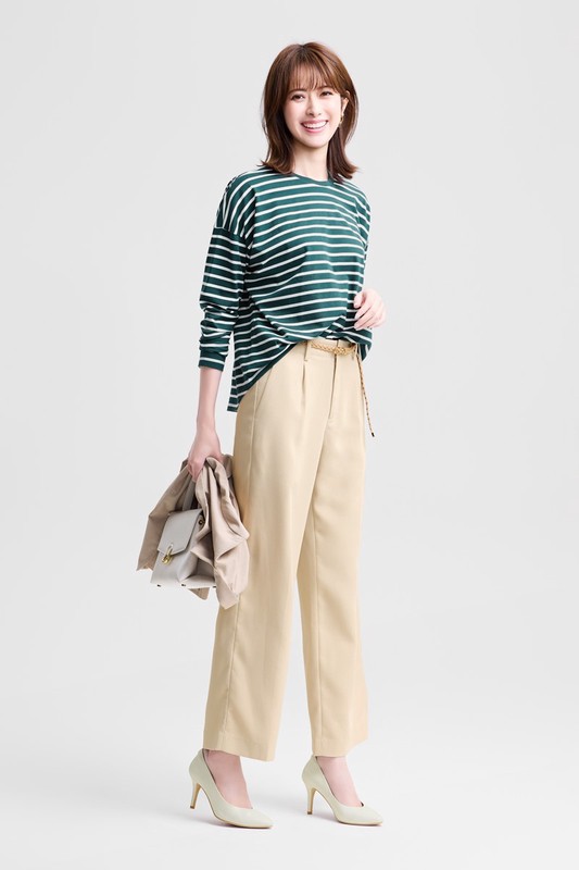 柔滑棉寬鬆條紋長袖T恤-女