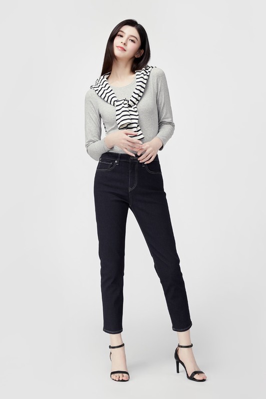 棉質羅紋圓領長袖T恤-女