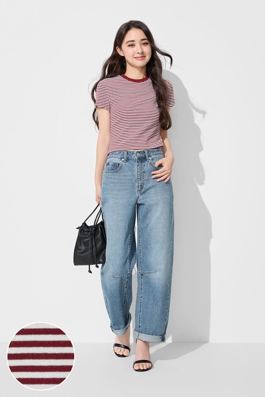 棉質羅紋條紋短版T恤-女