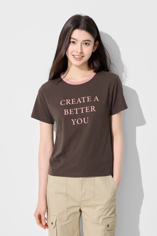 竹節棉配色文字T恤-女