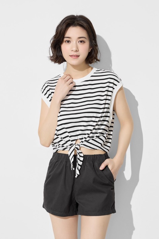 純棉寬版條紋綁帶上衣-女