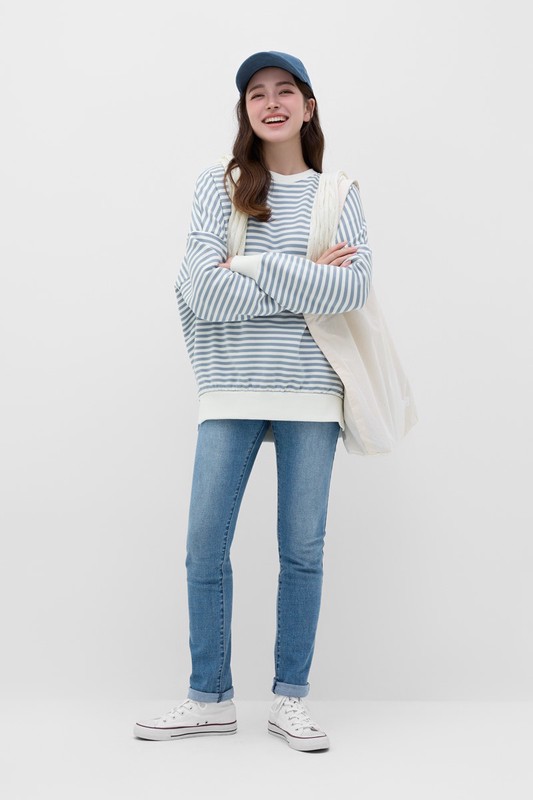 刷毛寬長版條紋圓領衫-女