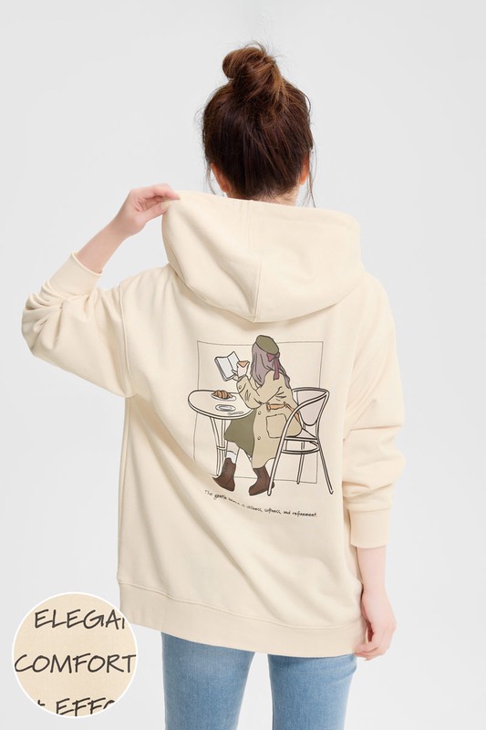 優雅時光毛圈寬長版印花連帽衫-女