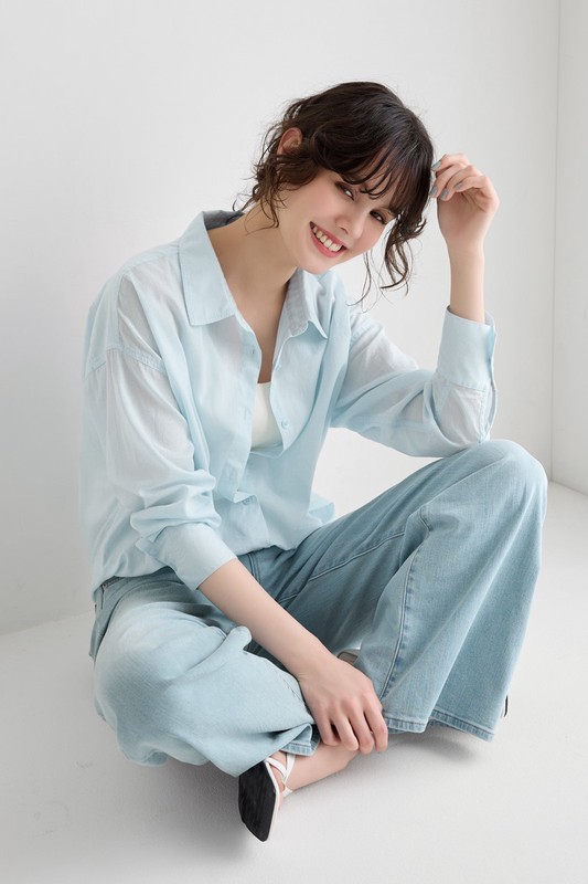棉質透膚長袖襯衫-女