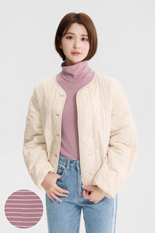 磨毛羅紋條紋高領T恤-女