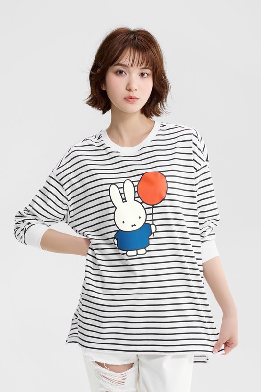 Miffy寬長版條紋長袖印花T恤-02-女