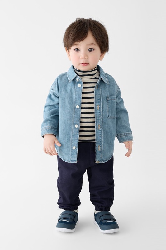 磨毛羅紋條紋立領T恤-Baby