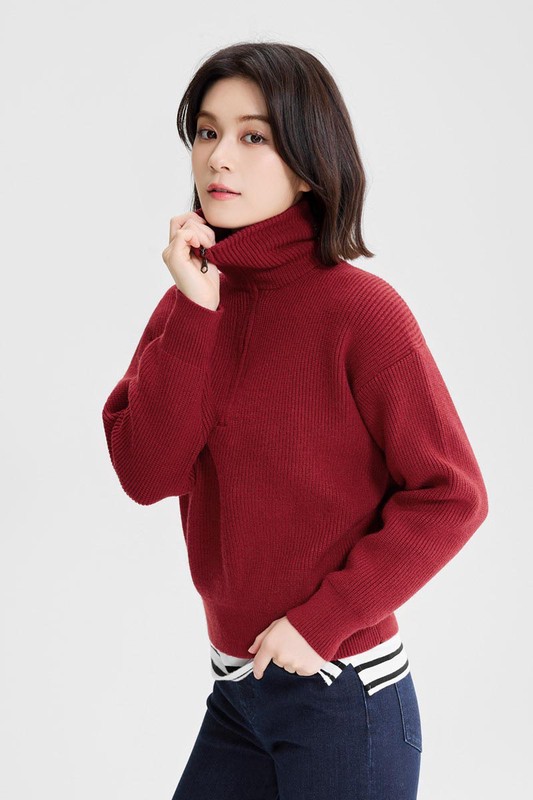 粗針半開襟拉鍊式毛衣-女