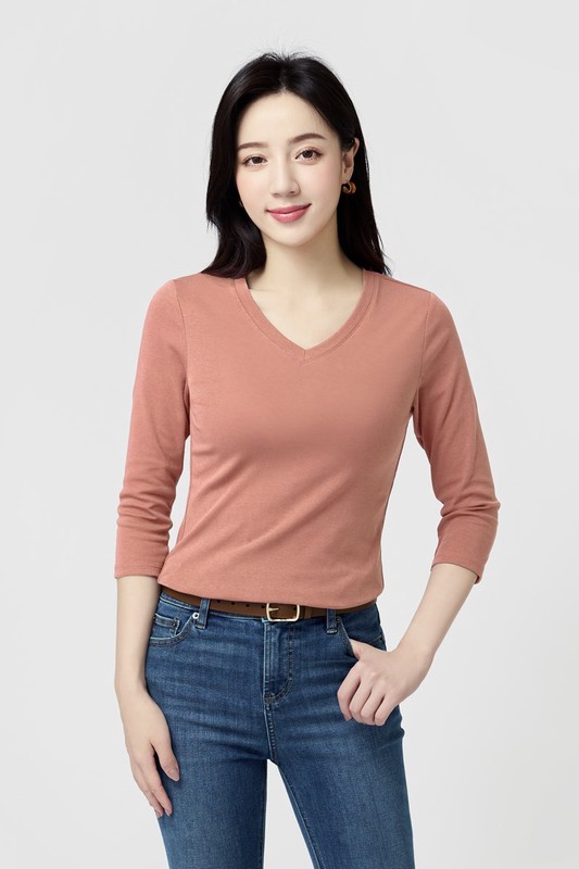 棉質羅紋V領七分袖T恤-女