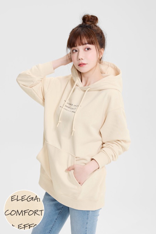 優雅時光毛圈寬長版印花連帽衫-女