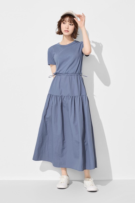 棉質拼接收腰長洋裝-女